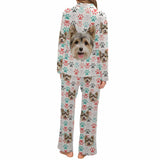 Custom Face Pajama Colorful Paws Women's Long Pajama Set Matching Dog Bandana Personalized Sleepwear