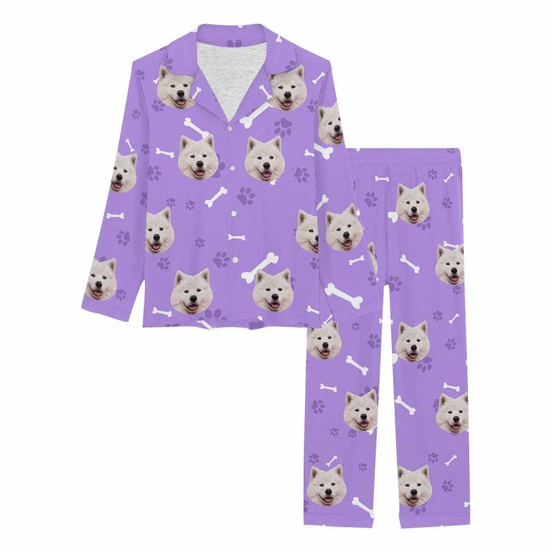 [Up To 5 Faces] Custom Face Pajamas My Pet Dog Cat Paw and Bone Sleepwear Personalized Women's Long Pajama Set