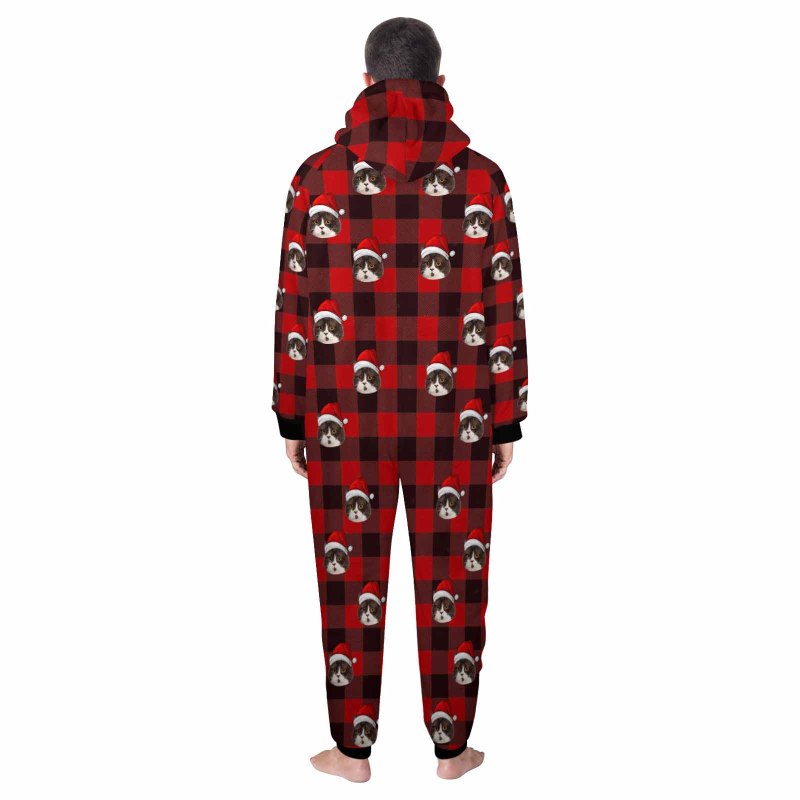 [Thick Soft Fabric] Funny Flannel Fleece Adult Onesie Pajamas Custom Face Christmas Red and Black Plaid Jumpsuit Homewear