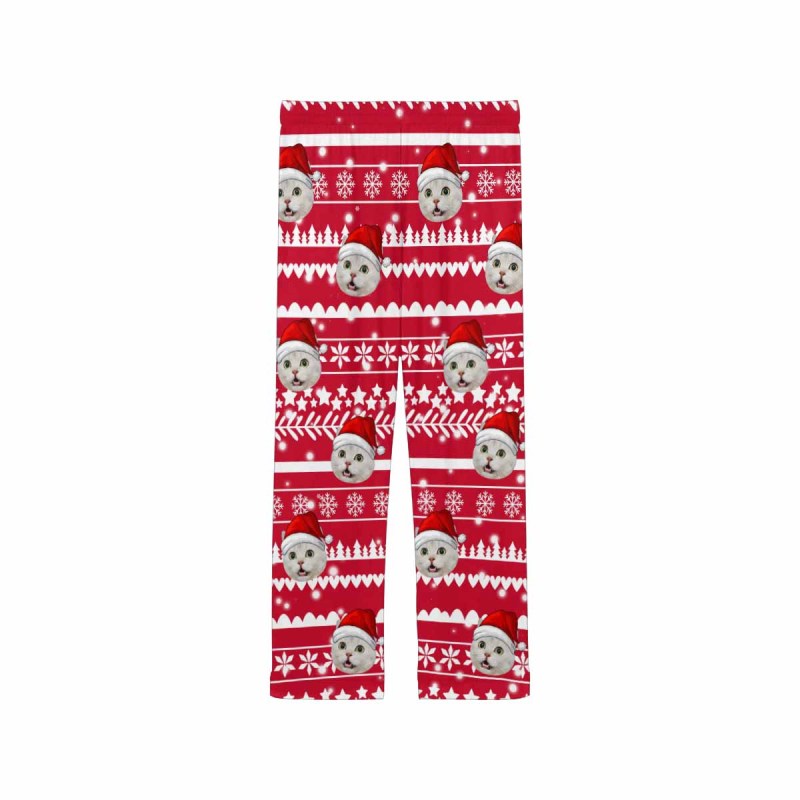 Custom Pet Face Christmas Red Hat Snowflake Sleepwear Personalized Women's&Men's Slumber Party Long Pajama Pants