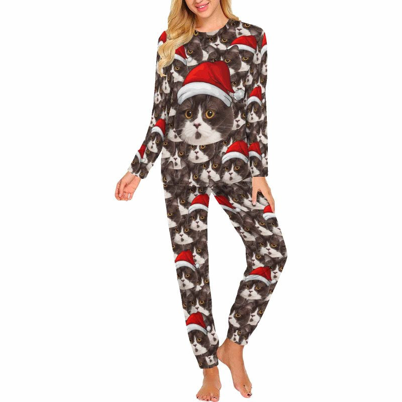 Discount - limited time Custom Face Seamless Christmas Hat Sleepwear Personalized Family Slumber Party Matching Long Sleeve Pajamas Set