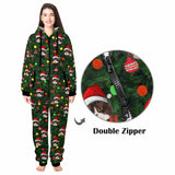 [Thick Soft Fabric] Funny Flannel Fleece Adult Onesie Pajamas Custom Face Christmas Tree Lights Printed Jumpsuit Homewear