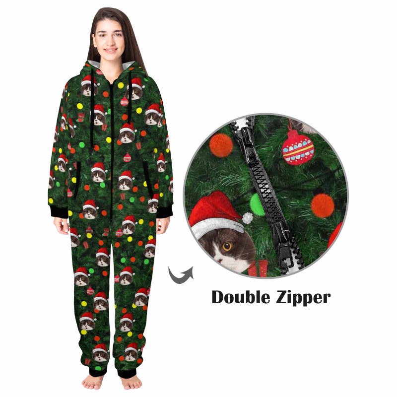 [Thick Soft Fabric] Funny Flannel Fleece Adult Onesie Pajamas Custom Face Christmas Tree Lights Printed Jumpsuit Homewear