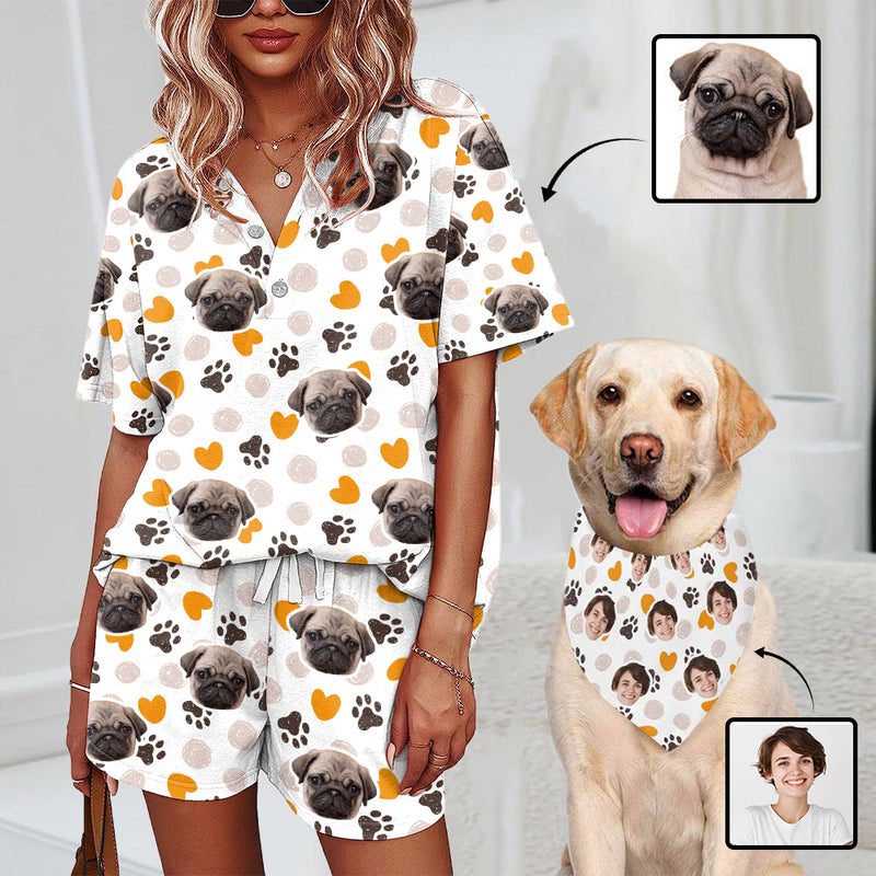 Custom Face Women's Short Set Pajama Set Paws Loungewear Matching Dog Bandana Personalized Face Pajama