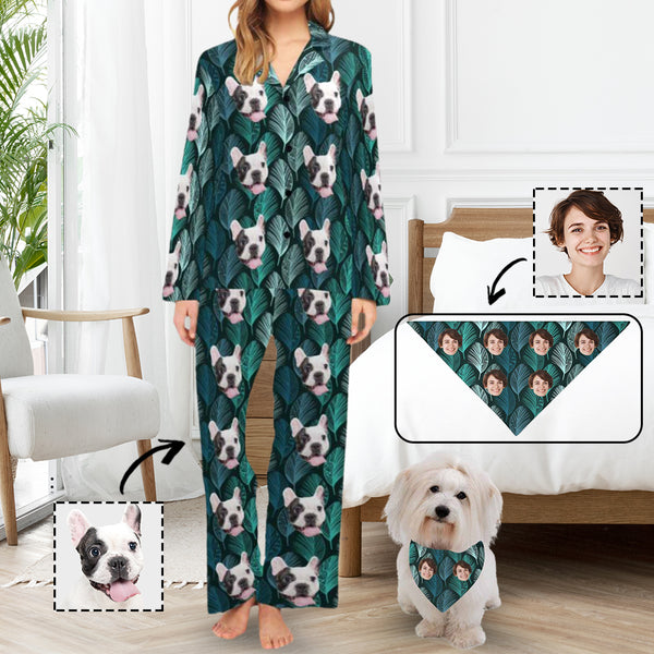 Custom Face Pajama Leaves Women's Long Pajama Set Matching Dog Bandana Personalized Sleepwear