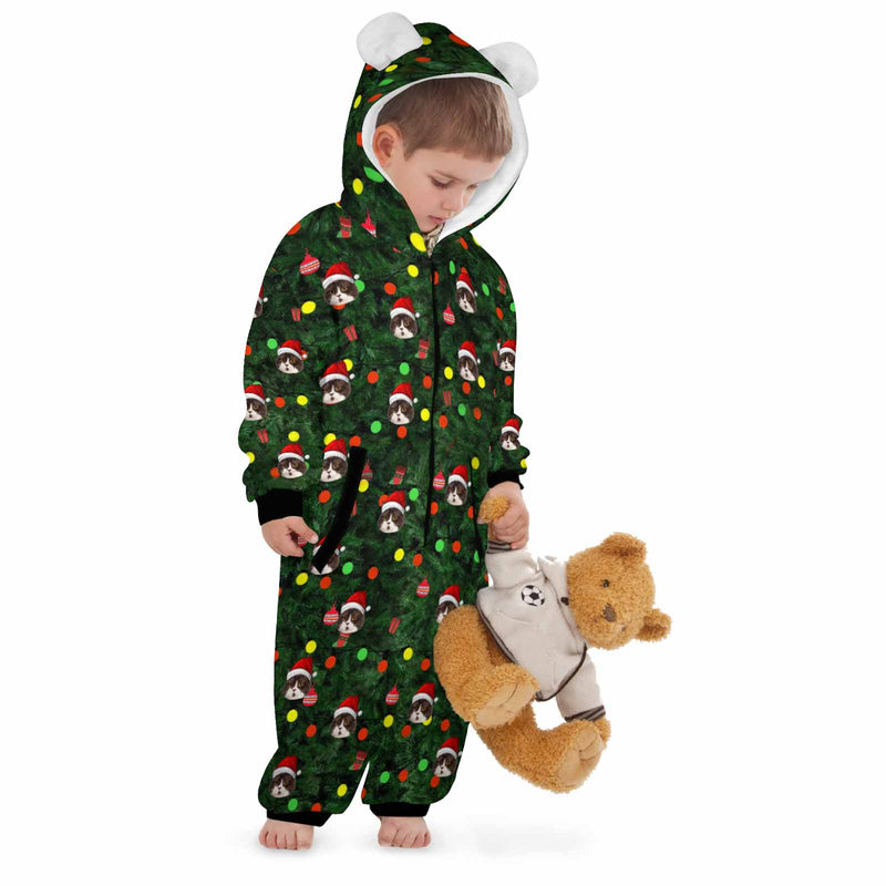 [Thick Soft Fabric] Funny Flannel Fleece Adult Onesie Pajamas Custom Face Christmas Tree Lights Printed Jumpsuit Homewear