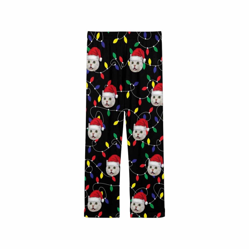 Custom Pet Face Colored Light Bulbs Christmas Red Hat Sleepwear Personalized Women's&Men's Slumber Party Long Pajama Pants