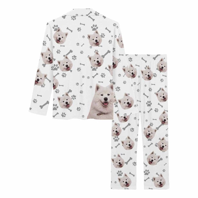 [Up To 5 Faces] Custom Photo Pajamas My Pet Dog Paw and Bone White Background Sleepwear Personalized Women's Long Pajama Set