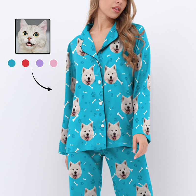 [Up To 5 Faces] Custom Face Pajamas My Pet Dog Cat Paw and Bone Sleepwear Personalized Women's Long Pajama Set