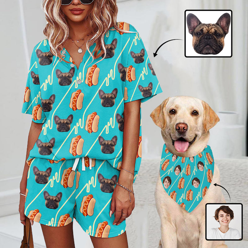 Custom Face Women's Short Set Pajama Set Hotdog Loungewear Matching Dog Bandana Personalized Face Pajama