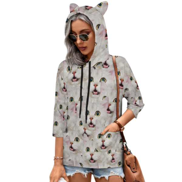 Custom Seamless Face Hoodie Three Quarter Sleeve Cool Hoodie Designs Women's Cat Ear Hooded Pullover