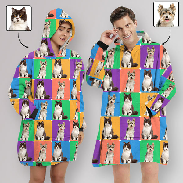 Wearable Blanket Custom Pet Faces Small Grid Blanket Hoodie for Women Personalized Oversized Hoodie Fleece Blanket Photo Gifts