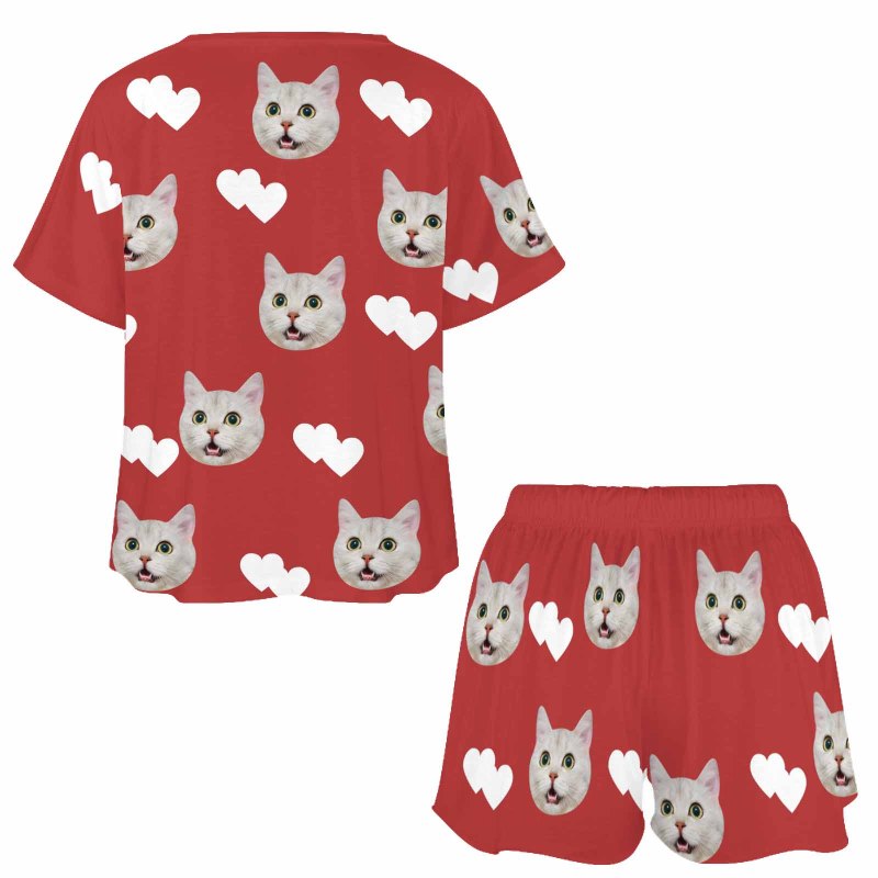 Custom Face Love Heart Pajama Set Women's Short Sleeve Top and Shorts Loungewear Athletic Tracksuits