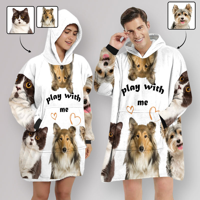 Wearable Blanket Custom Pet Faces Play With Me Blanket Hoodie for Women Personalized Oversized Hoodie Fleece Blanket Photo Gifts