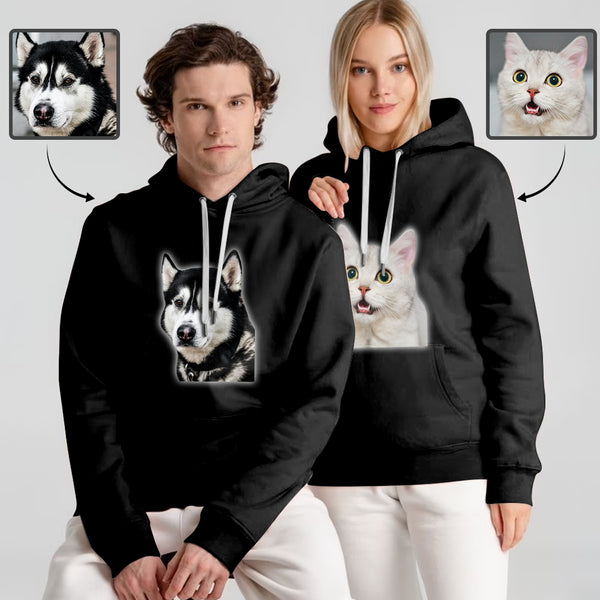 Custom Dog Face Hoodie Pet Photo Black Hoodie with Design Unisex Hooded Pullover Personalized Dog Face Loose Hoodie Top Plus Size for Him Her