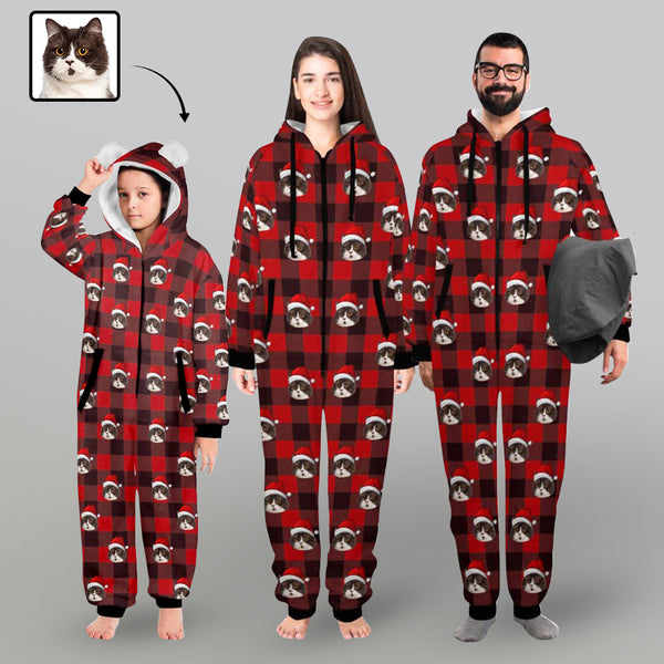 [Thick Soft Fabric] Funny Flannel Fleece Adult Onesie Pajamas Custom Face Christmas Red and Black Plaid Jumpsuit Homewear