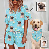 Custom Face Women's Short Set Pajama Set Blue Flower Loungewear Matching Dog Bandana Personalized Face Pajama