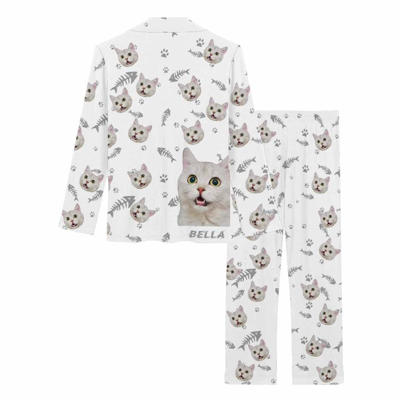 Custom Name&Photo Pajamas Dog Pet Cat Paw and Fish Bone Sleepwear Personalized Women's Long Pajama Set