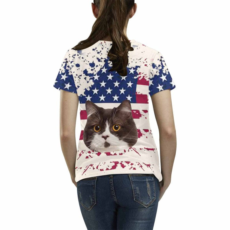 Custom Face Shirt American Flag Women's All Over Print T-shirt  Design Tee with Picture for Independence Day