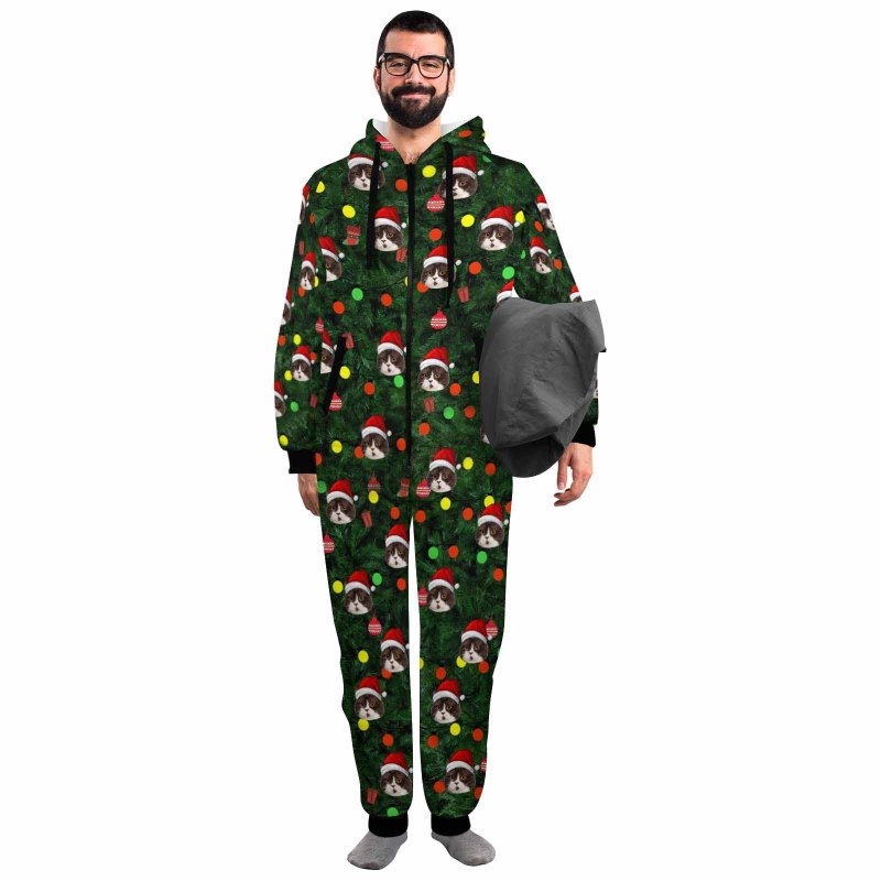 [Thick Soft Fabric] Funny Flannel Fleece Adult Onesie Pajamas Custom Face Christmas Tree Lights Printed Jumpsuit Homewear