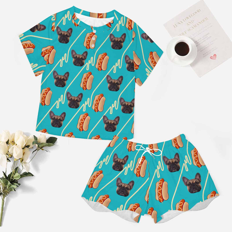 Custom Face Women's Short Set Pajama Set Hotdog Loungewear Matching Dog Bandana Personalized Face Pajama