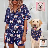 Custom Face Women's Short Set Pajama Set Blue Bone Loungewear Matching Dog Bandana Personalized Face Pajama