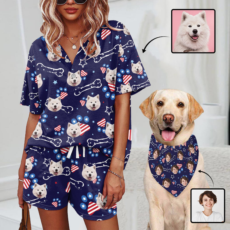 Custom Face Women's Short Set Pajama Set Blue Bone Loungewear Matching Dog Bandana Personalized Face Pajama