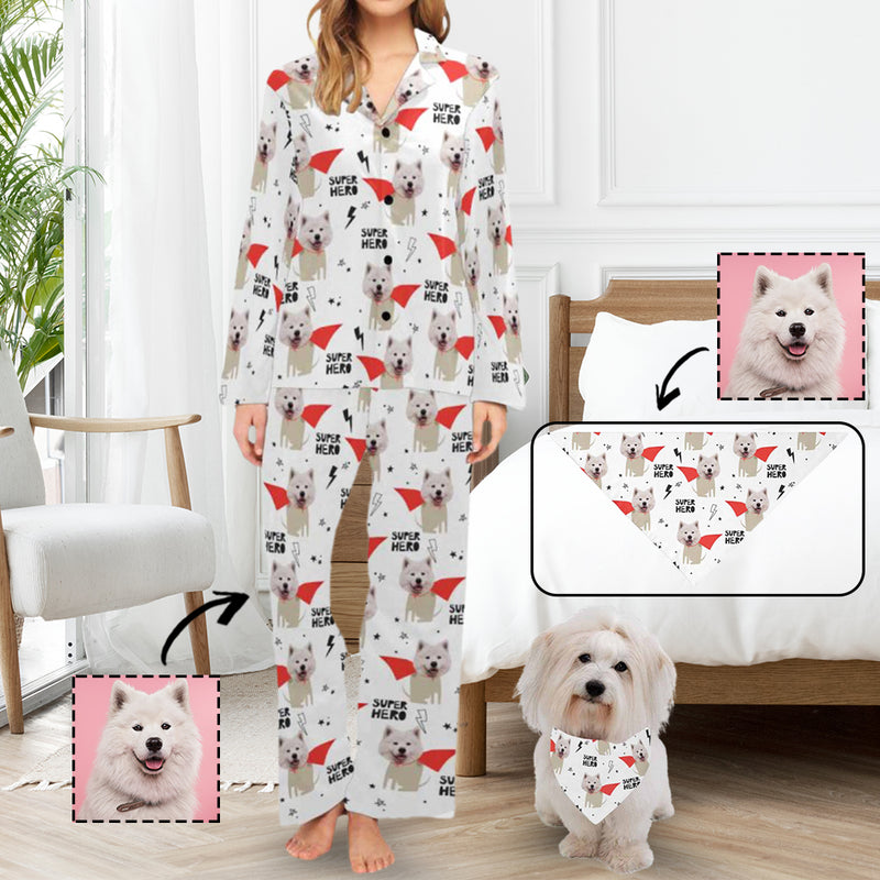 Custom Face Pajama Super Women's Long Pajama Set Matching Dog Bandana Personalized Sleepwear