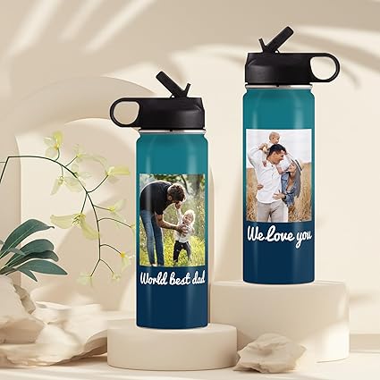 Custom Photo Water Bottles with Text, 18oz Personalized Picture Stainless Steel Insulated Water Bottle with Straw Lid & Handle, Customize Gifts for Adult Him Her Birthday Christmas