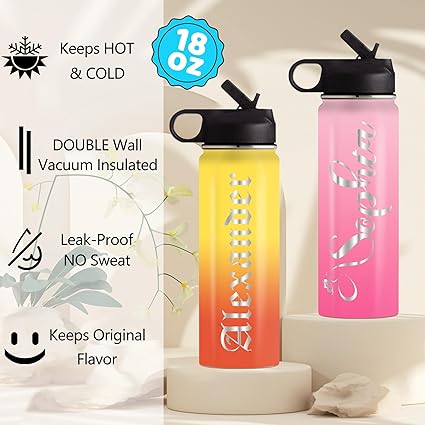 Custom Kids Water Bottle for School, 18oz/ 32oz Personalized Name Insulated Stainless Sport Water Bottle with Straw Lid, Back to School Gifts for Girls Boys