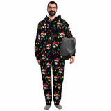 [Thick Soft Fabric] Funny Flannel Fleece Adult Onesie Pajamas Custom Face Christmas Lights on Black Background Jumpsuit Homewear