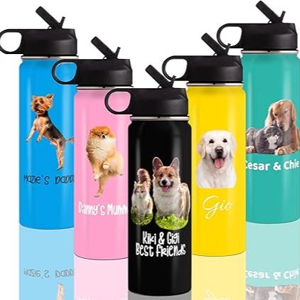 Personalized Photo Water Bottles, 18oz Custom Logo Icon Stainless Steel Insulated Picture Water Bottle with Straw Lid & Handle, Customize Gifts for Adult Him Her Birthday Christmas