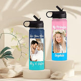 Personalized Photo Water Bottle with Straw Lid, 18 oz Custom Stainless Steel Sports Water Bottle with Picture Text, Customize Double Wall Vacuum Insulated Gift Cup for Kids Women Men Dad Mom