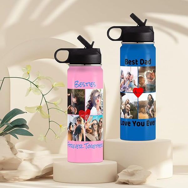 Personalized 4 Photos Water Bottles, 18oz Custom Picture Stainless Steel Insulated Water Bottle with Straw Lid & Handle, Customize Gifts for Adult Him Her Birthday Christmas