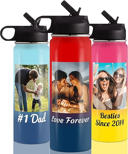 Custom Photo Water Bottles with Text, 18oz Personalized Picture Stainless Steel Insulated Water Bottle with Straw Lid & Handle, Customize Gifts for Adult Him Her Birthday Christmas