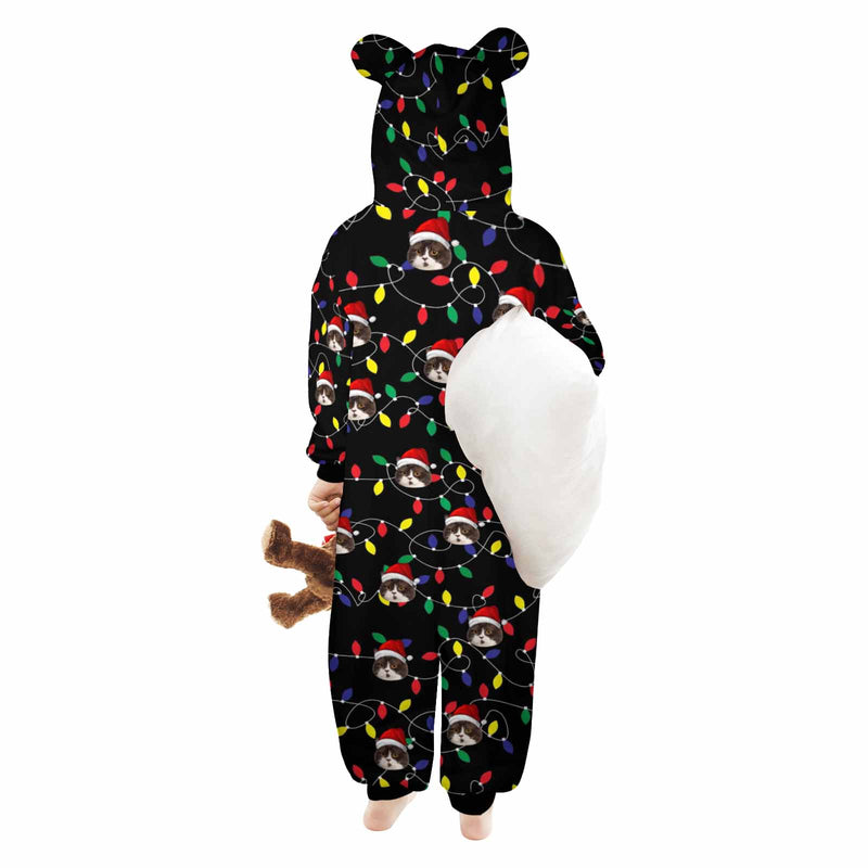 [Thick Soft Fabric] Funny Flannel Fleece Adult Onesie Pajamas Custom Face Christmas Lights on Black Background Jumpsuit Homewear