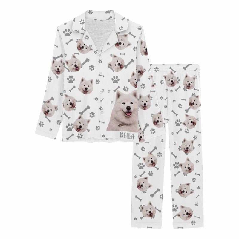 Custom Name&Photo Pajamas Dog Pet Cat Paw and Fish Bone Sleepwear Personalized Women's Long Pajama Set