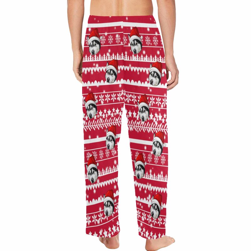 Custom Pet Face Christmas Red Hat Snowflake Sleepwear Personalized Women's&Men's Slumber Party Long Pajama Pants