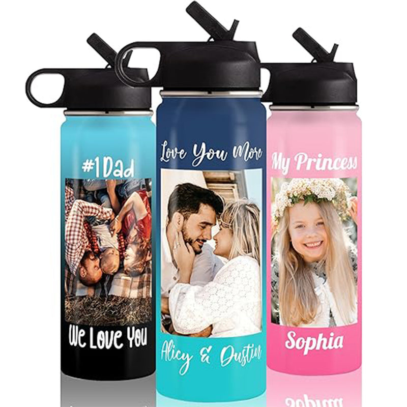 Personalized Photo Water Bottle with Straw Lid, 18 oz Custom Stainless Steel Sports Water Bottle with Picture Text, Customize Double Wall Vacuum Insulated Gift Cup for Kids Women Men Dad Mom