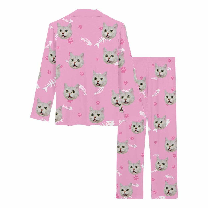 [Up To 5 Faces] Custom Face Pajamas My Pet Dog Cat Paw and Bone Sleepwear Personalized Women's Long Pajama Set