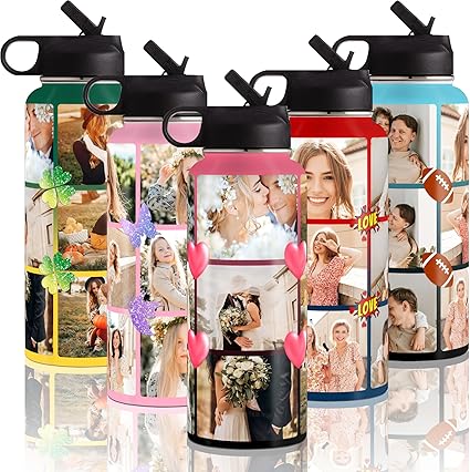 Custom 9 Photos Water Bottles with Icon, 18oz Personalized Picture Stainless Steel Insulated Water Bottle with Straw Lid & Handle, Customize Gifts for Adult Him Her Birthday Christmas