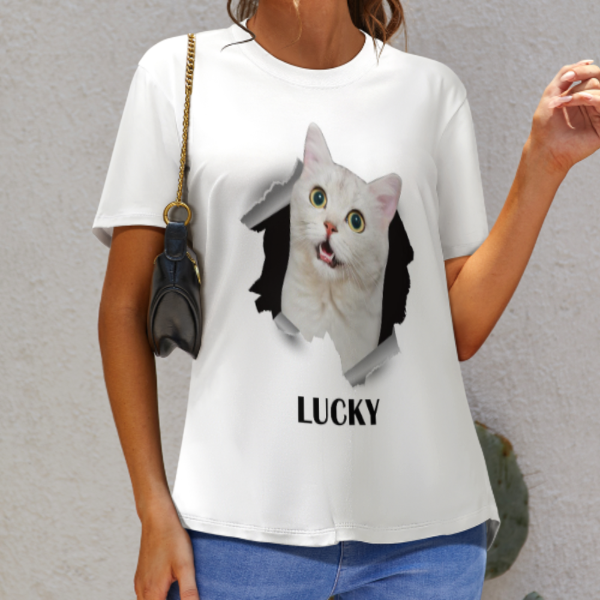 【Flash Sale】Custom Pet  Face Photo&Name White Classic Women's T-shirt Personalized Women's All Over Print T-shirt