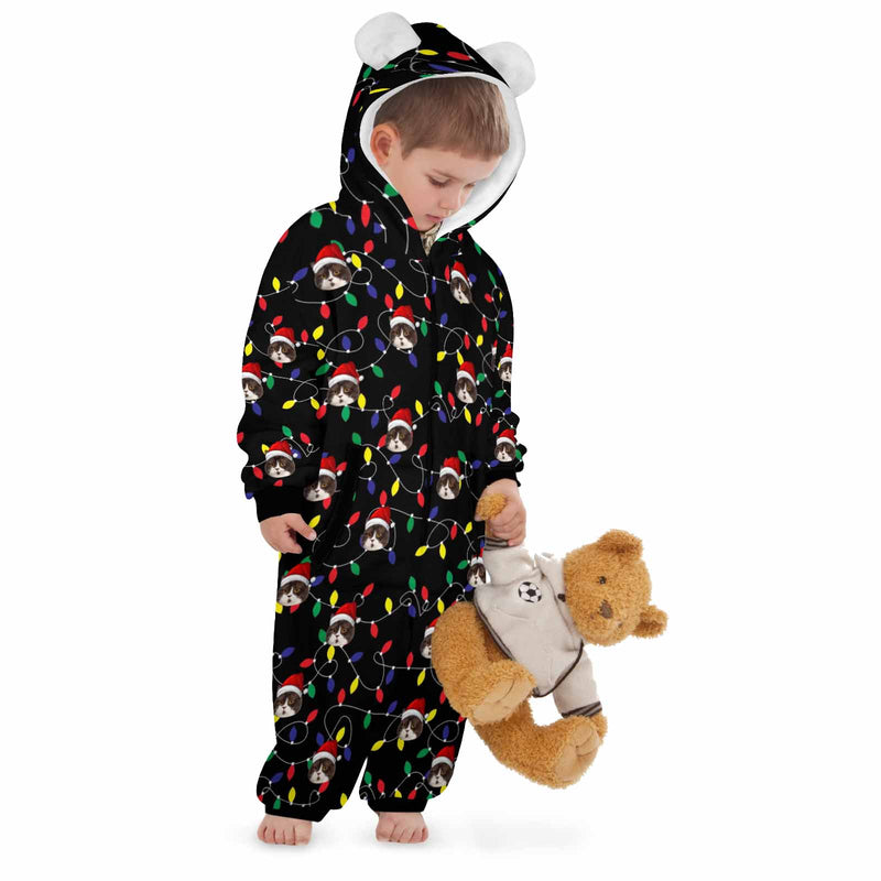 [Thick Soft Fabric] Funny Flannel Fleece Adult Onesie Pajamas Custom Face Christmas Lights on Black Background Jumpsuit Homewear