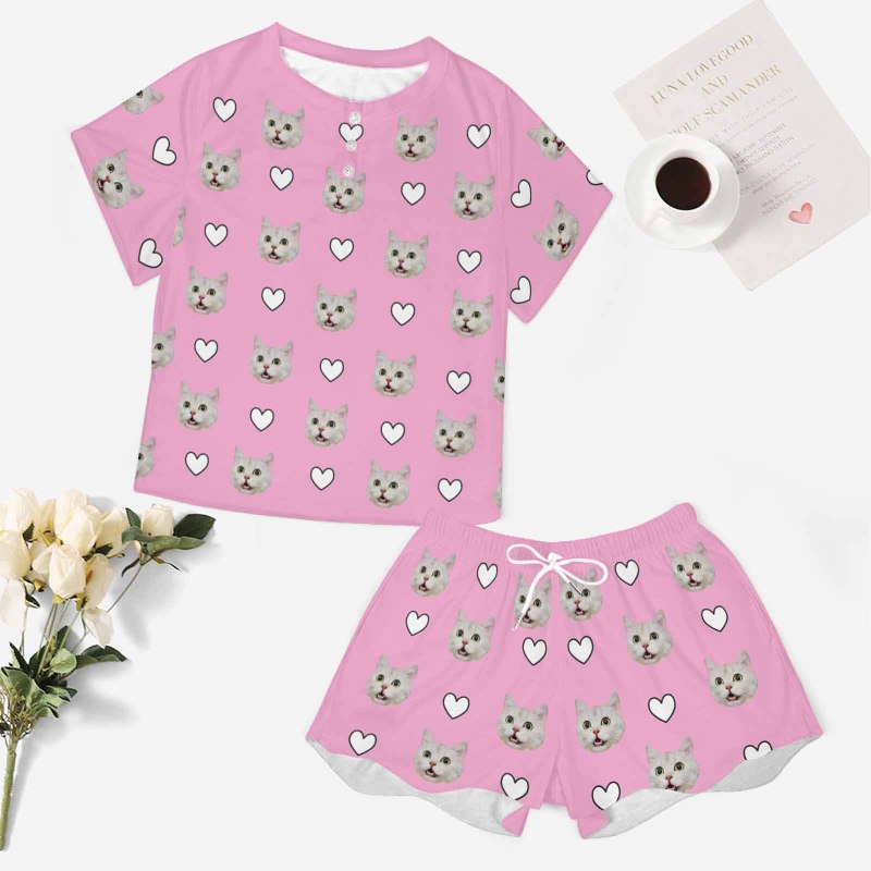 Custom Pet Pink Pajama Set Women's Short Sleeve Top and Shorts Loungewear Athletic Tracksuits