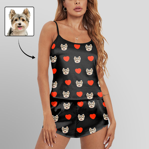 [Up To 5 Faces] Custom Face Cami Pajamas With Love Black Personalized Women's Sleepwear Set
