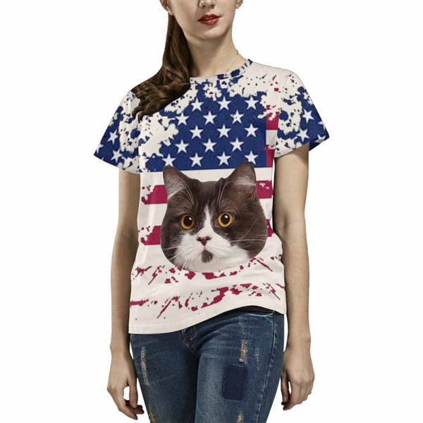 Custom Face Shirt American Flag Women's All Over Print T-shirt  Design Tee with Picture for Independence Day