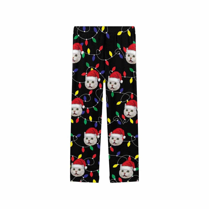 Custom Pet Face Colored Light Bulbs Christmas Red Hat Sleepwear Personalized Women's&Men's Slumber Party Long Pajama Pants