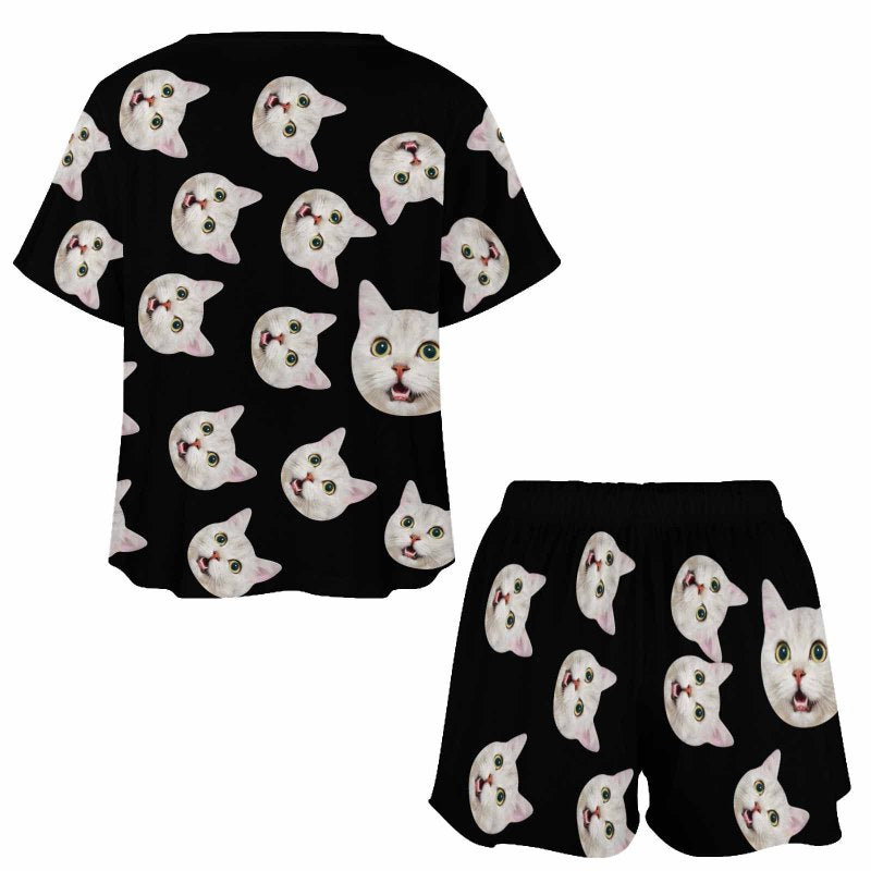 Custom Pet Face Spin Black Pajama Set Women's Short Sleeve Top and Shorts Loungewear Athletic Tracksuits
