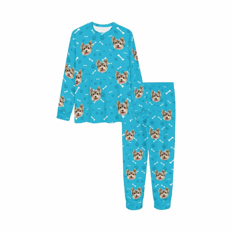 Custom Pet Dog's Face Paw & Bone Sleepwear Personalized Family Matching Long Sleeve Pajamas Set