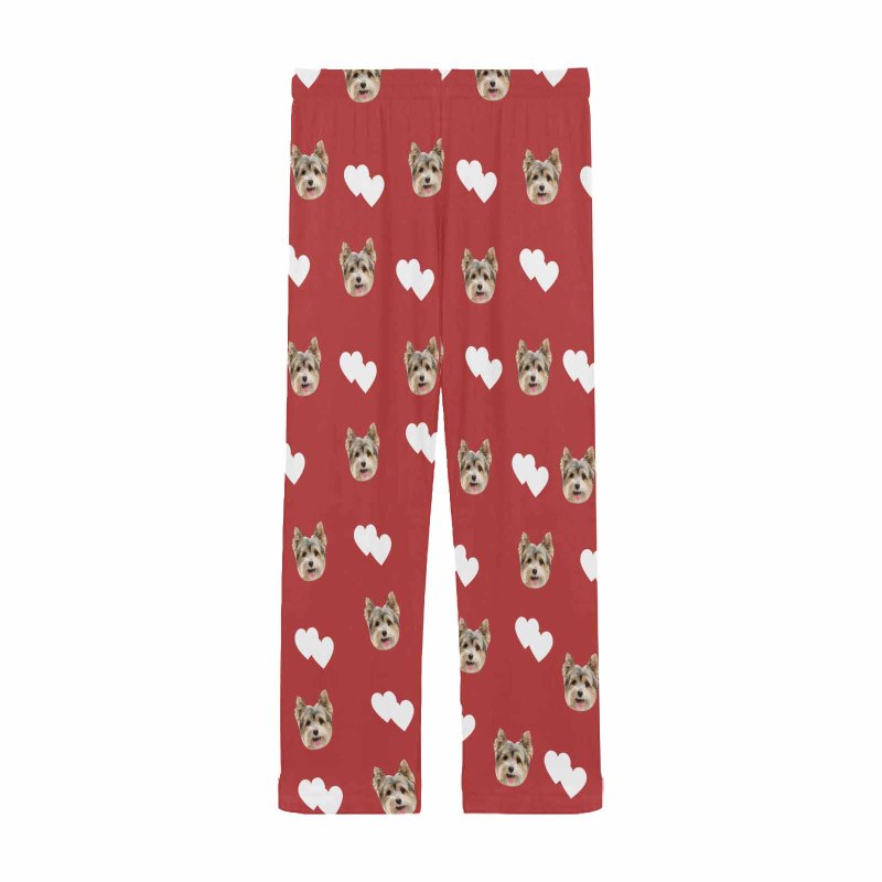 Custom Couple Face White Hearts Red Background Sleepwear Personalized Women's&Men's Slumber Party Long Pajama Pants